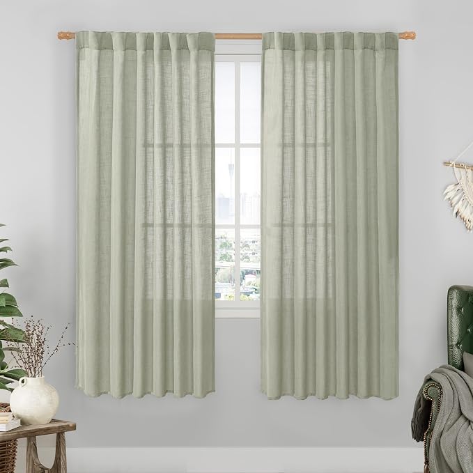 LAMIT Sage Grey Linen Boho Curtains 68 inch Length 2 Panels, Light Filtering