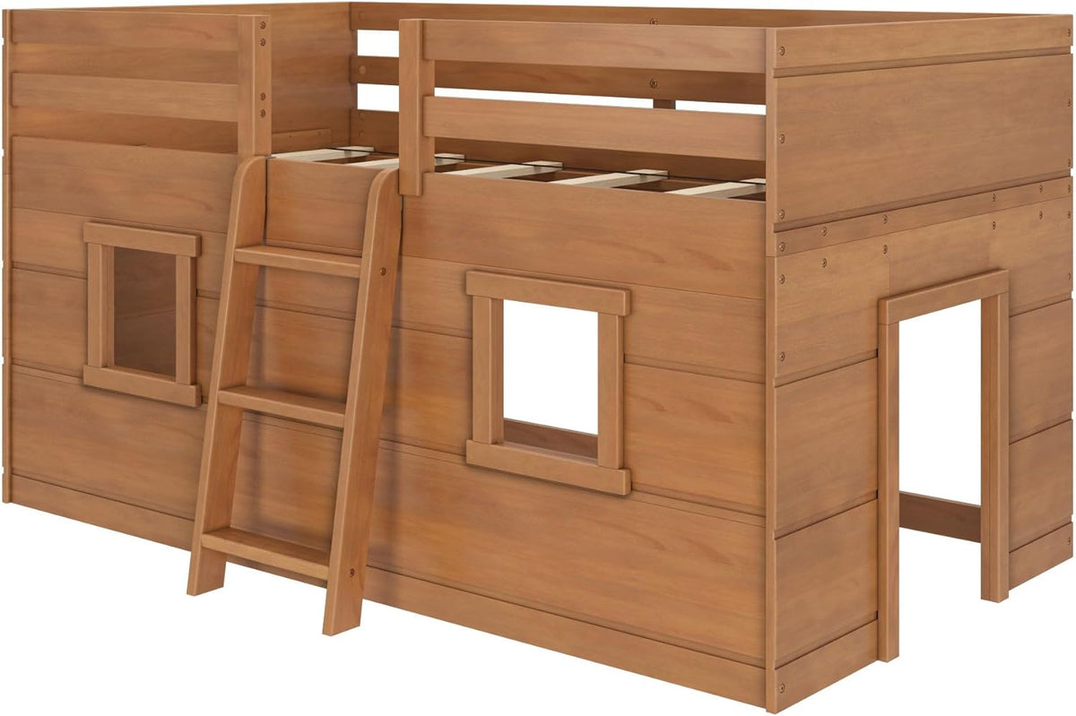 Max & Lily Modern Farmhouse Twin Low Loft Bed with Two Windows - Solid Wood, 15” Guardrails, 400-lb Capacity, Low-VOC Finish, Farmhouse Pecan