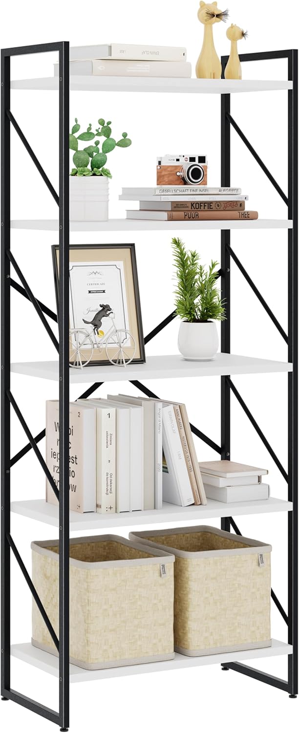 Bookshelf, 5 Tier Bookshelves, Home Office Bookcase Shelf Storage Organizer, Free Standing Storage Shelving Unit for Bedroom, Living Room and Home Office,White