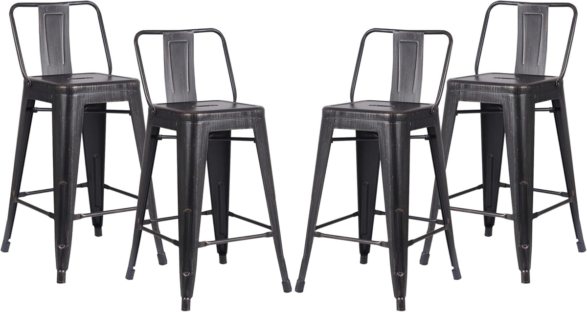 AC Pacific 24” Metal Barstool Set of 4 – Country Rustic Style with Low Back, Lightweight & Sturdy Build, Easy Assembly – Distressed Black