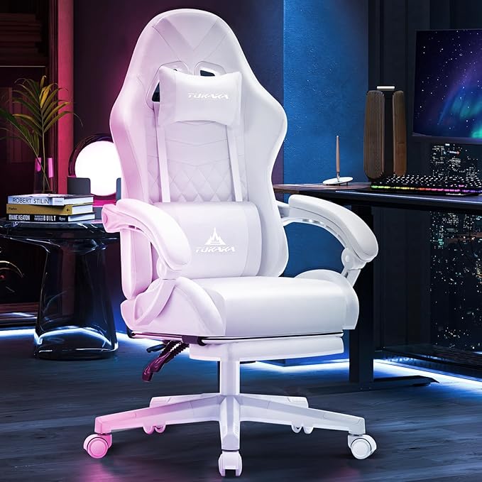 White Gaming Chair,Ergonomic Massage Computer Office Desk Chair with Footrest,Pocket Spring Cushion,Reclining Leather Adjustable Gamer Chair with Headrest and Lumbar Support,White
