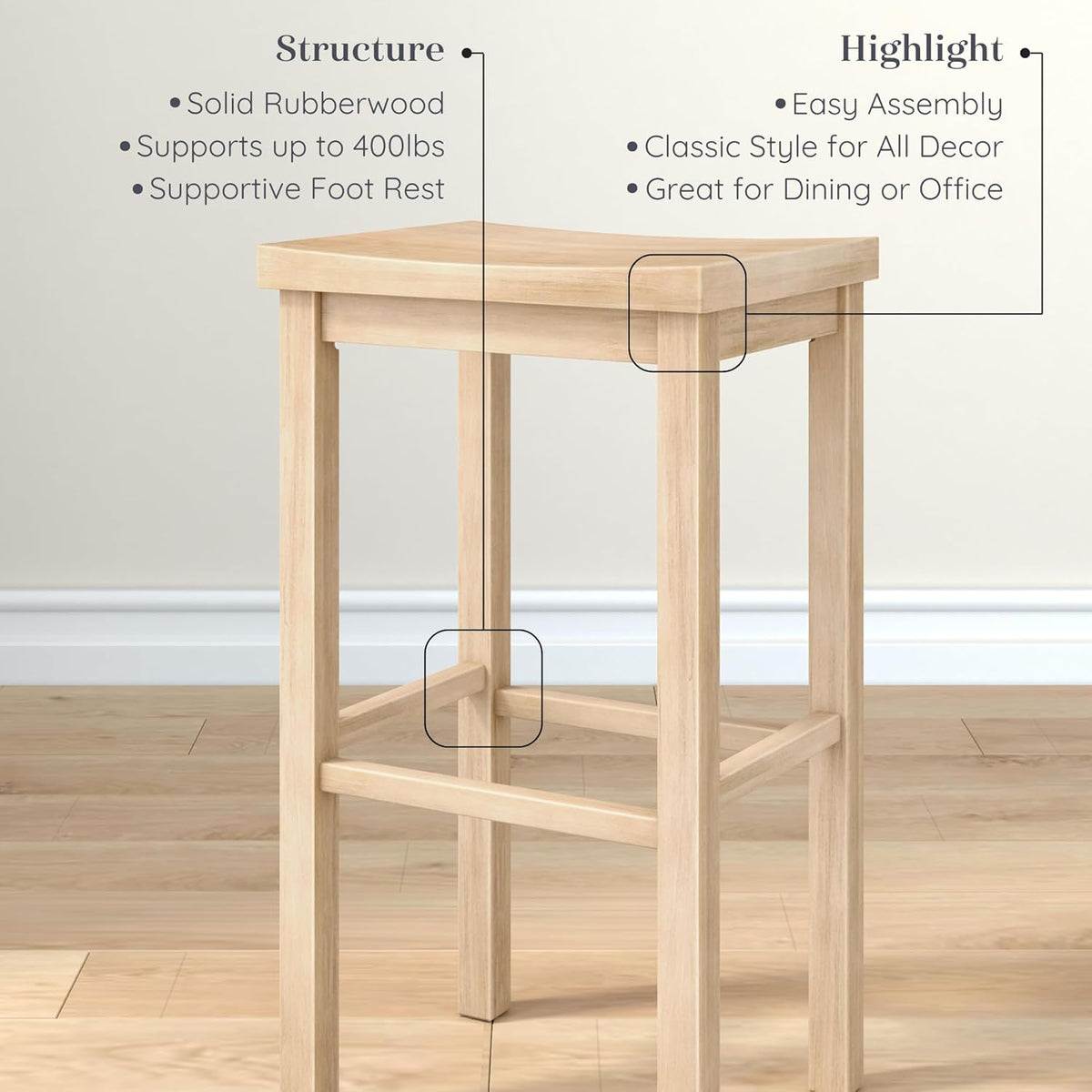 Grain & Grove Smith Collection Solid Wood Bar Stool, 30 inch Saddle-Seat Bar Chair, Backless, Heavy-Duty Construction, Footrest Support, Ideal for Kitchen Islands, Home Bars, and Counters, Blonde