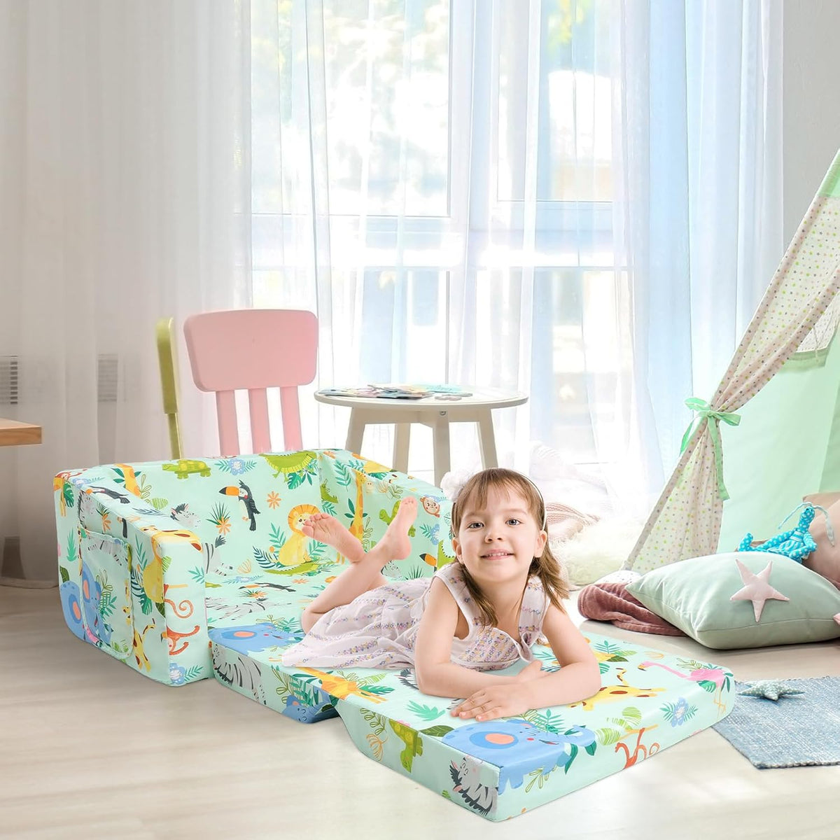 Foldable Kids Sofas Couch 2 in 1 Children Convertible Sofa to Lounger Flip Open Toddlers Sofa Bed
