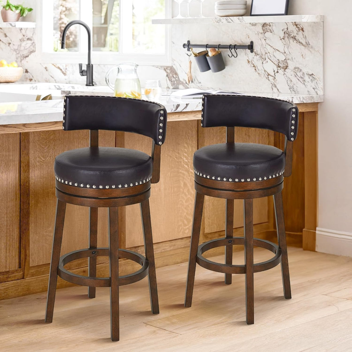 COLAMY Swivel Bar Stools Set of 2, 30 Inch Swivel Bar Height Bar Stools, Wood Swivel Barstools with Back, Modern Upholstered Wooden Barstools for Kitchen Island Dining Room Bar, Dark Brown
