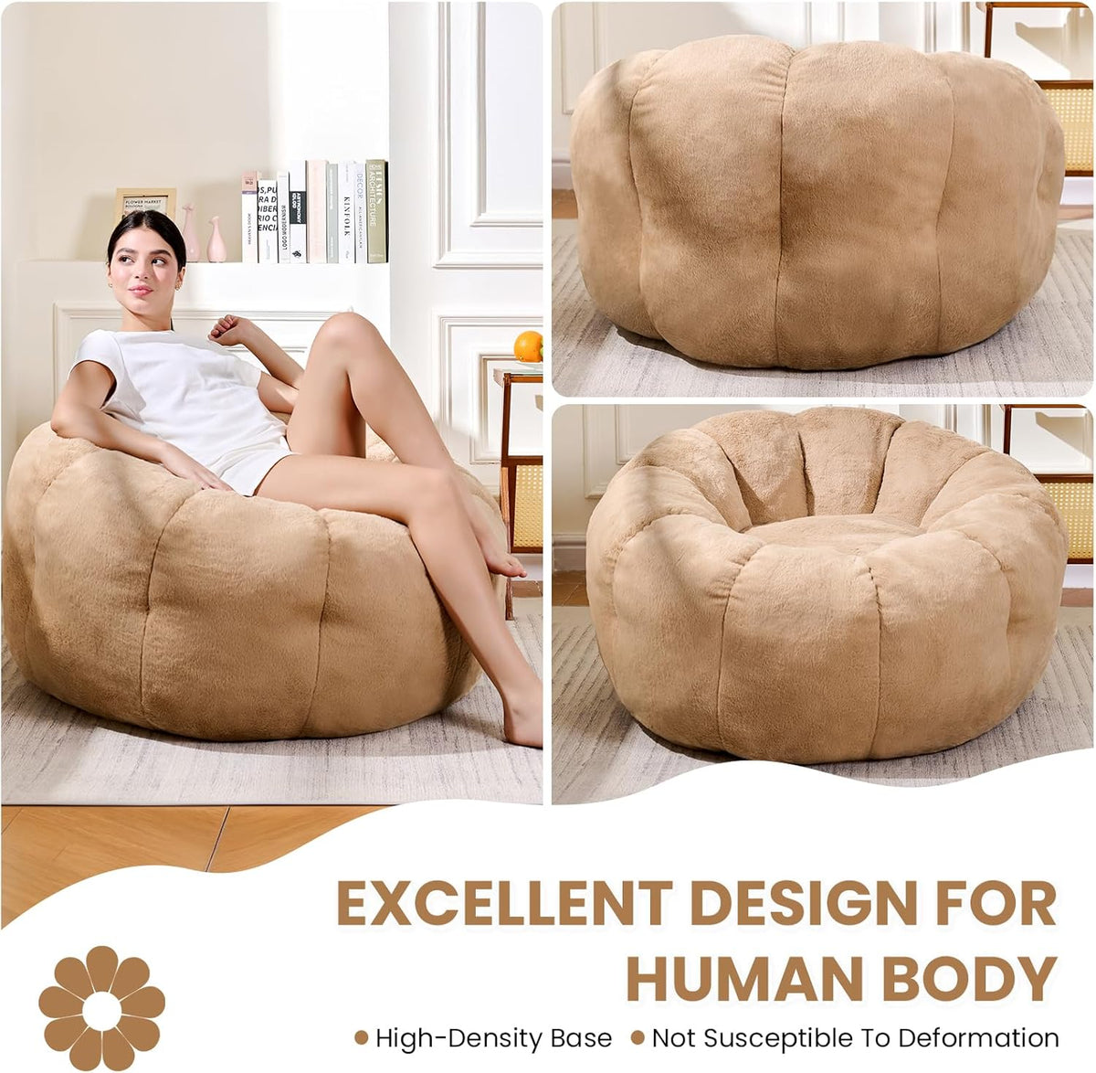 Bean Bag Chair with Filler Included, Faux Fur Comfy Chair with Petal Arm Rest Fluffy Reading Chair for Bedroom, Living Room, Dorm, Game - Taupe, Large, Low Support