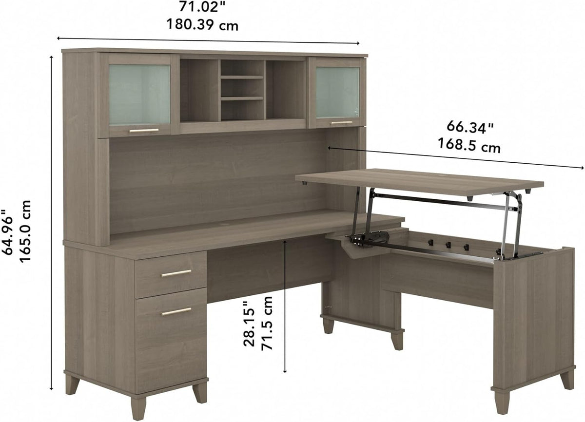 Bush Furniture Somerset 3 Position Sit to Stand L Shaped Desk with Hutch in Ash Gray Ergonomic Height Adjustable Standing Computer/Laptop Table for Home Office