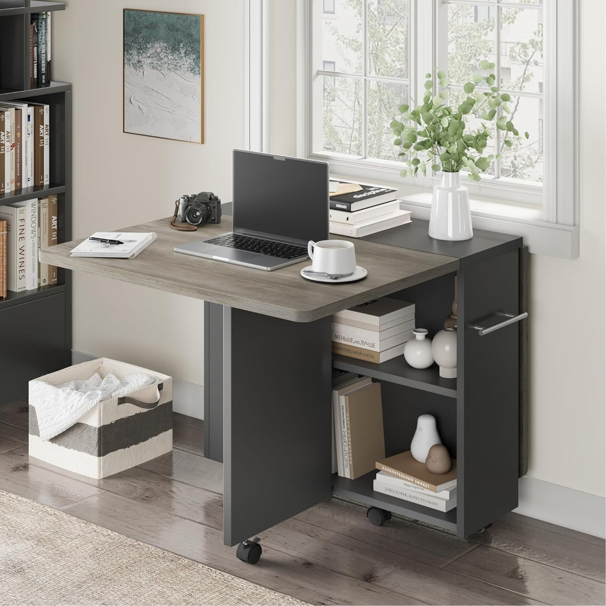 Space Saving Folding Dining Table with 2 Tier Storage-Extendable Drop Leaf Farmhouse Kitchen Dining Room Tables Set for 4, Collapsible Expandable Rectangle (Carlo Grey, 47.2"D x 23.6"W x 29.5"H)