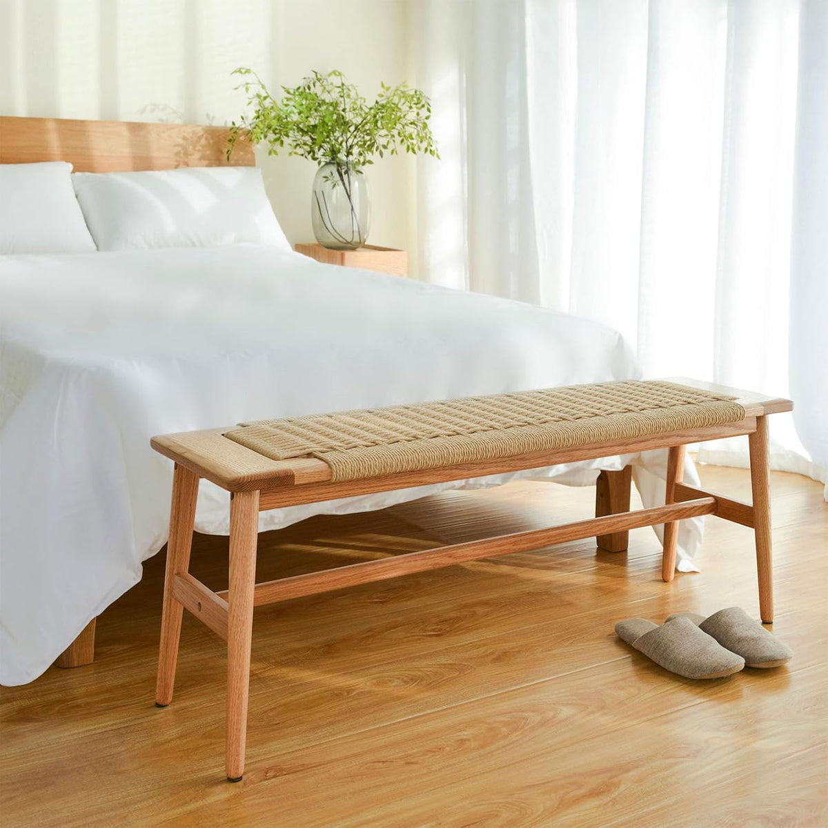 OOKSEN Entryway Bench, Solid Wood Dining Bench, 31.5" Wooden End of Bed Benches, Midcentury Modern Bedroom Benches Stool with Hand-Woven Rope for Kitchen Living Room Hallway