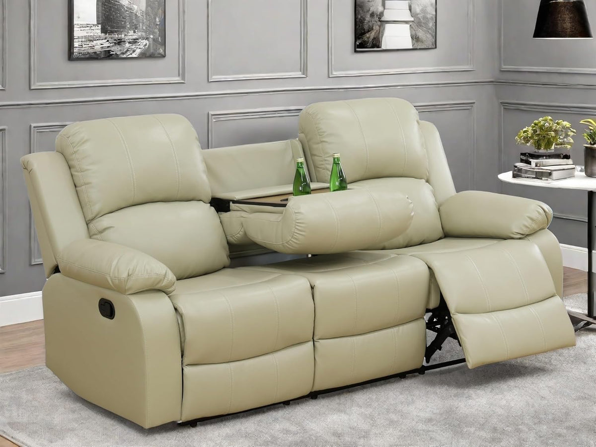Leather Recliner Sofa Couch, 3-Seater Home Theater Seating Reclining Sofa, Power Reclining Couch with Cup Holders & Drop Down Table for Living Room Furniture Sets, Khaki