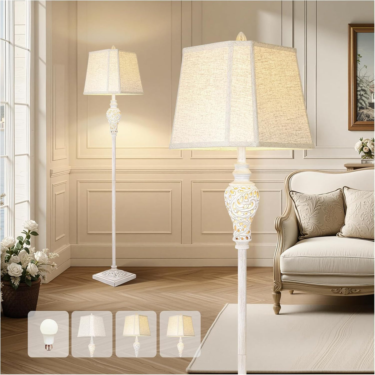 Floor Lamp for Living Room, Vintage Standing Lamp with Nightlight, 65" Tall Lamp with White Linen Shade, Farmhouse Rustic Floor Lamp for Bedroom, Office, Corner (LED Bulb Included)