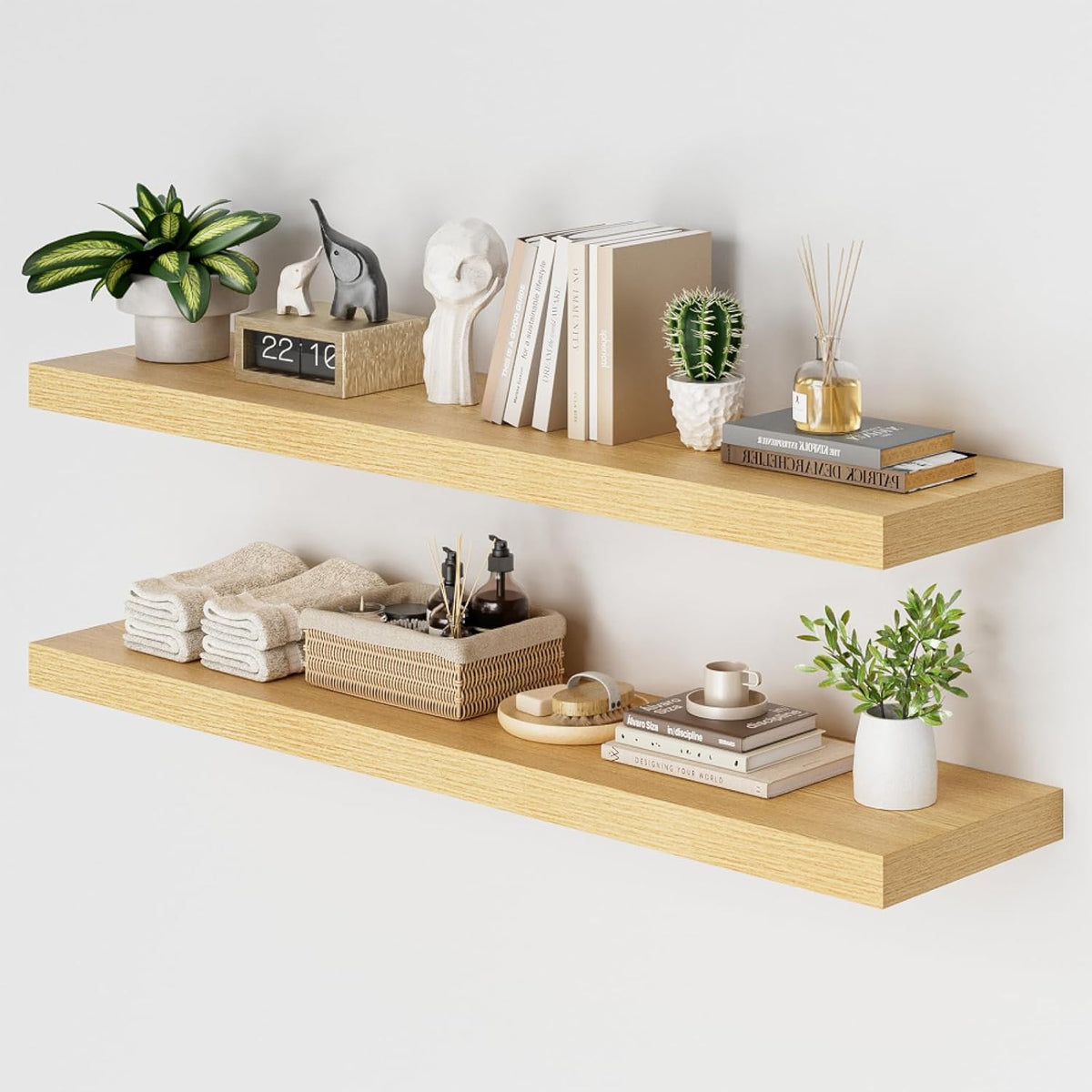 Heimlove 48W x 12D Long Floating Shelf, 12 Inch Deep Floating Shelves for Wall Set of 2, Wood Shelves for Bedroom Living Room Bathroom Kitchen Home Office, Wall Shelves with Heavy Duty Bracket, Oak