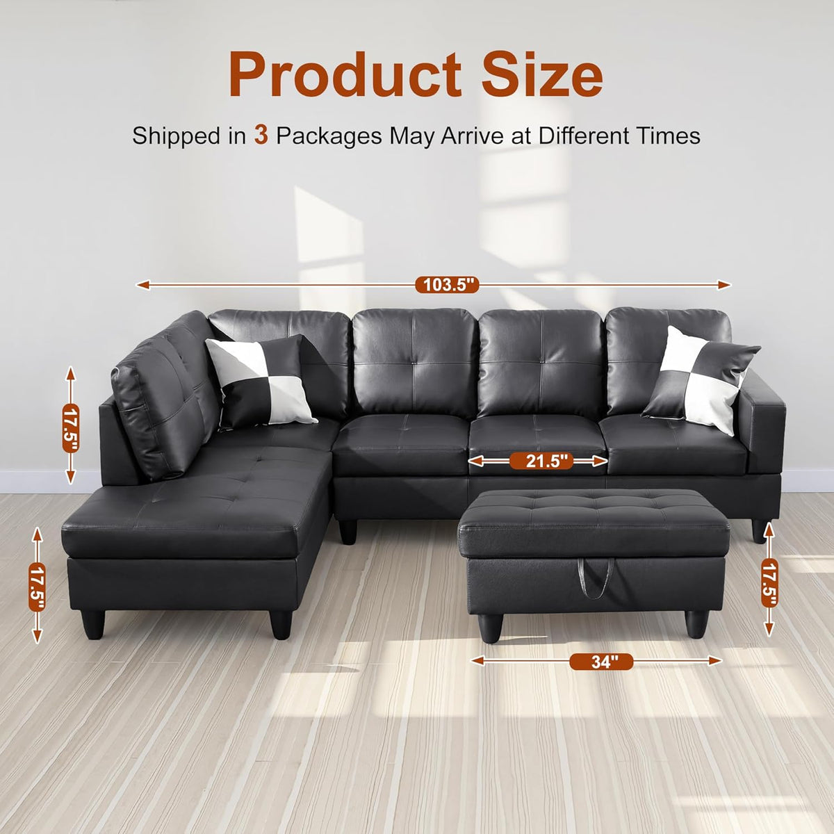 Osparple L Shaped Couch Faux Leather Sectional Couches for Living Room Upholstered 3 Pieces Modular Sectional Sofa with Chaise, Ottoman with Storage for Living Room and Small Apartment, Black