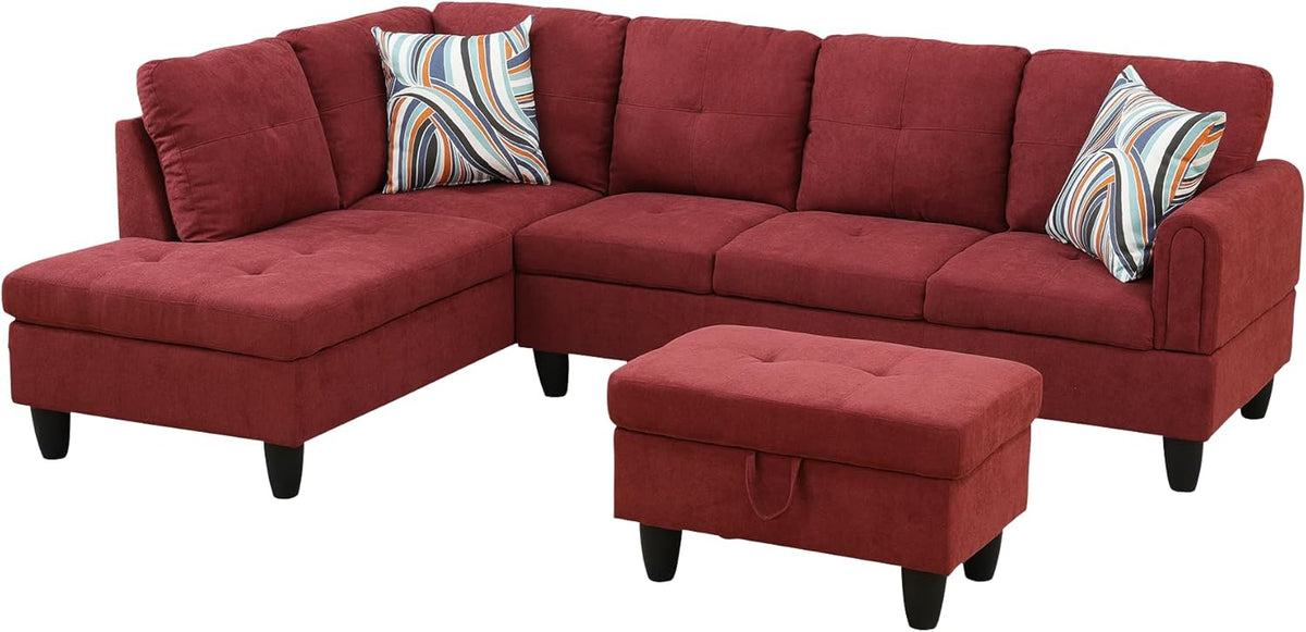Osparple L Shaped Couch Sectional Couches for Living Room Upholstered Fluffy Fabric 3 Pieces Modular Sectional Sofa with Chaise, Ottoman with Storage for Living Room and Small Apartment, Red
