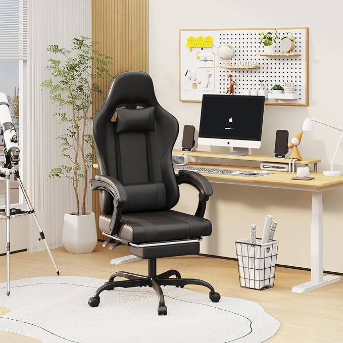 Gaming Chair with Footrest and Massage Lumbar Support, Height Adjustable Game Chair, Video Gaming Chair for Gaming Room, Living Room and Office - Black