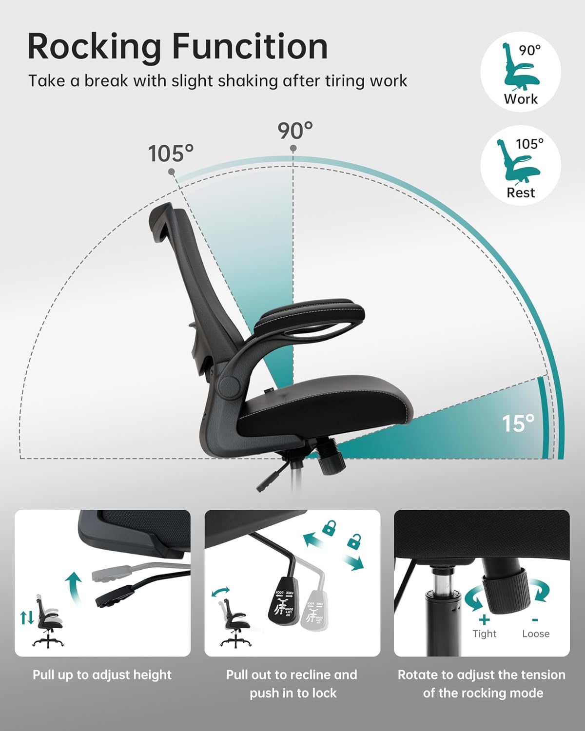Office Chair, PU Leather Ergonomic Desk Chair with Adjustable Lumbar Support and Flip up Armrest, Breathable Mesh Computer Chair for Home Office, Black