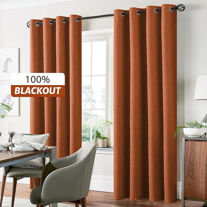 Yakamok Burnt Orange Linen Curtains 100% Blackout 84 Inches Long, Room