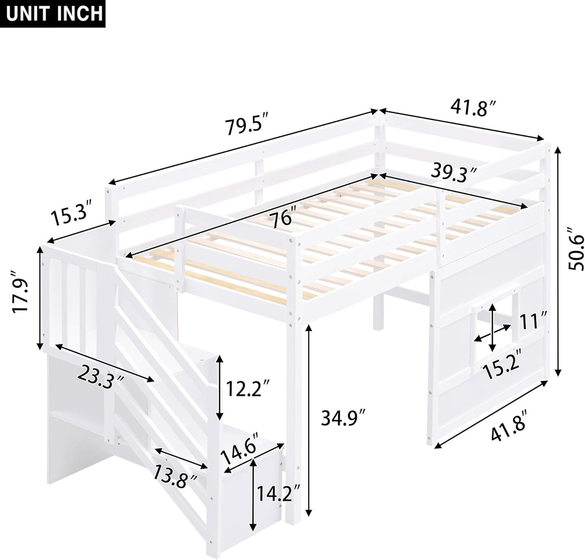 Twin Size Loft Bed with Storage Staircase and Window,Wood Twin Loft Bunk Bedframe with Full-Length Guardrail and Sturdy Slat Support, No Noise,No Box Spring Needed,for Kids,Boys,Girls,White