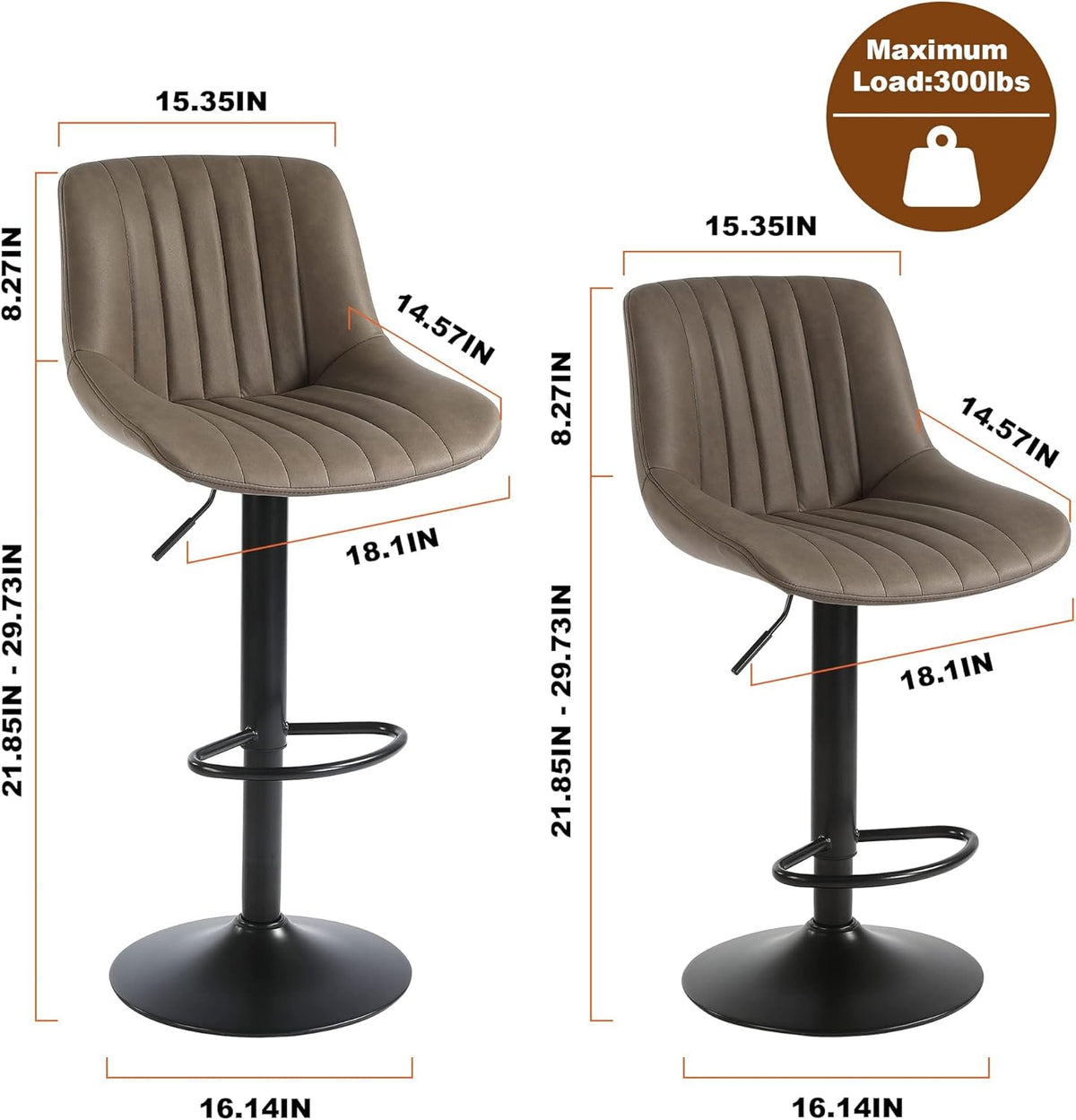 Bar Stools Set of 3, Swivel Counter Height Barstools with Back, Adjustable PU Leather Bar Chairs, Modern Armless Kitchen Island Stool, Brown