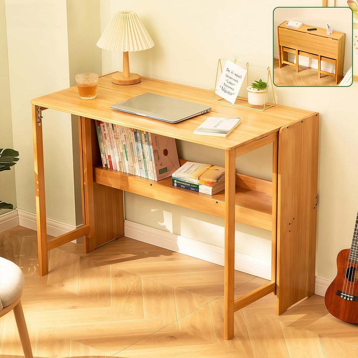 Bamboo Folding Desk Mid Century Modern Desk for Home Office Bedroom Small Spaces, Natural，40.55" Long Desktop