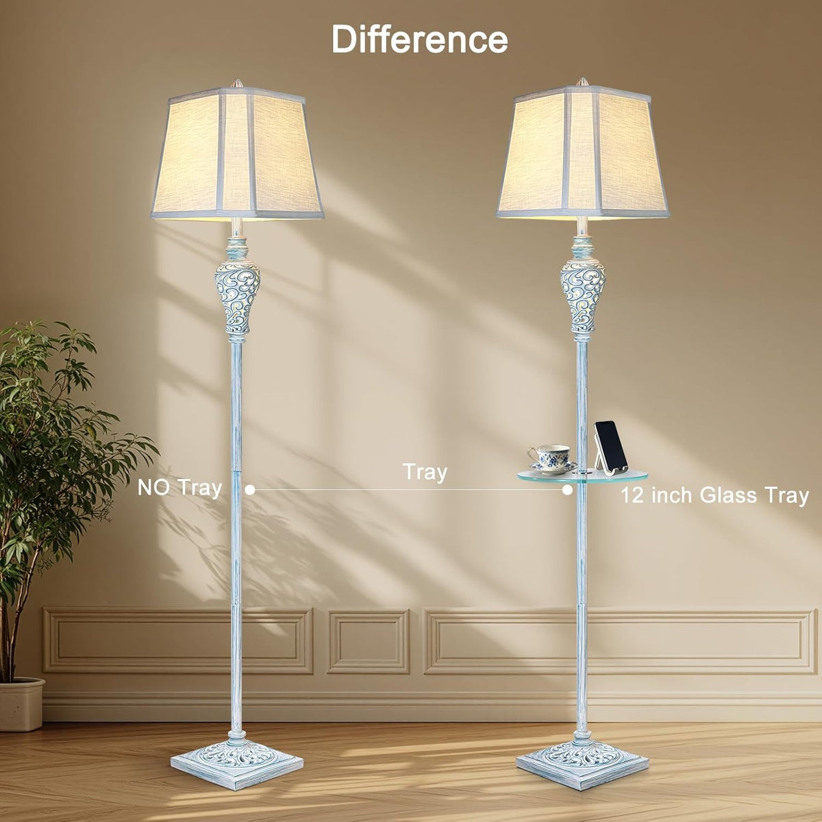 Vintage Floor Lamp with Night Light and Glass Tray, 65" High Retro Standing Lamp with Washed Blue Finish and White Linen Shade, Farmhouse Tall Lamp Decor for Living Room Bedroom House (Bulb Included)