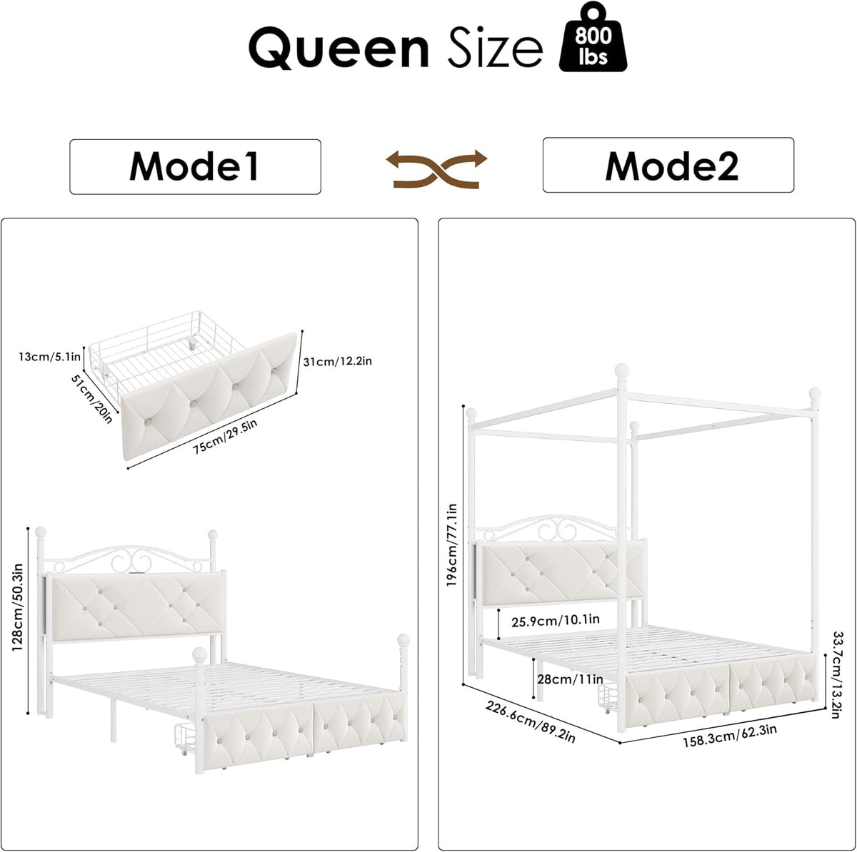 Queen Upholstered Canopy Bed Frame with 2 Drawers & Crystal Tufted Storage Headboard Metal Platform Bed with Charging Station & 4 Removable Posts No Box Spring Needed Curtain Not Included, Beige