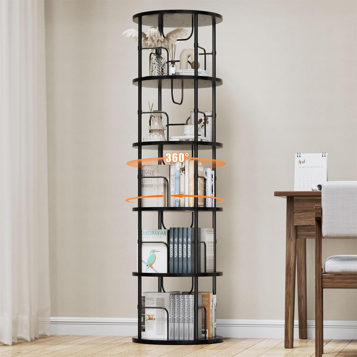 5 Tier Rotating Bookshelf, 360 ° Display Stackable Spinning Bookshelf Tower, Corner Bookshelf Tall Floor Standing Swivel Bookcase Narrow Storage Organizer for Bedroom, Living Room, Black