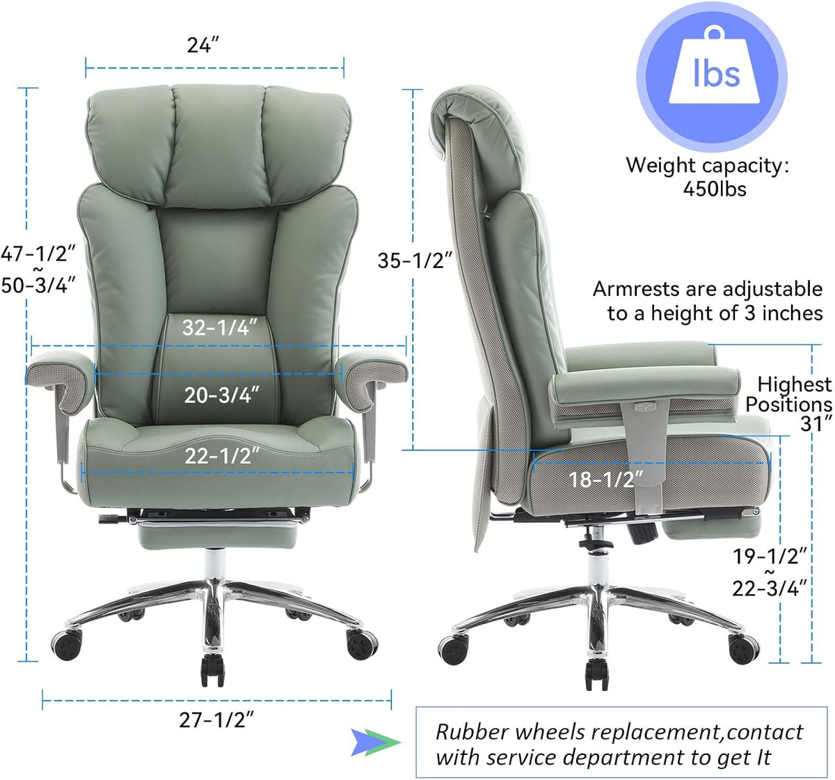 Efomao Big and Tall Green Office Chair 450LBS – Ergonomic High-Back Executive Chair with Footrest, Adjustable Padded Armrests, PU Leather Computer Chair with Lumbar Support for Home or Office，Green