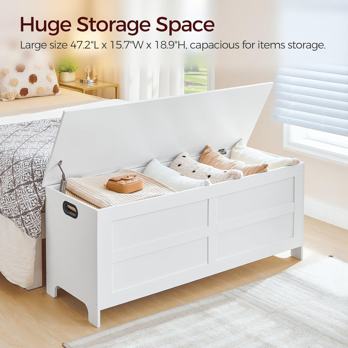 Storage Chest, 47.2” Large Toy Chest, Entryway Storage Trunk, Storage Bench with Safety Hinge, Entrance Bench for Living Room, Entrance, Bedroom, White SCWT48901