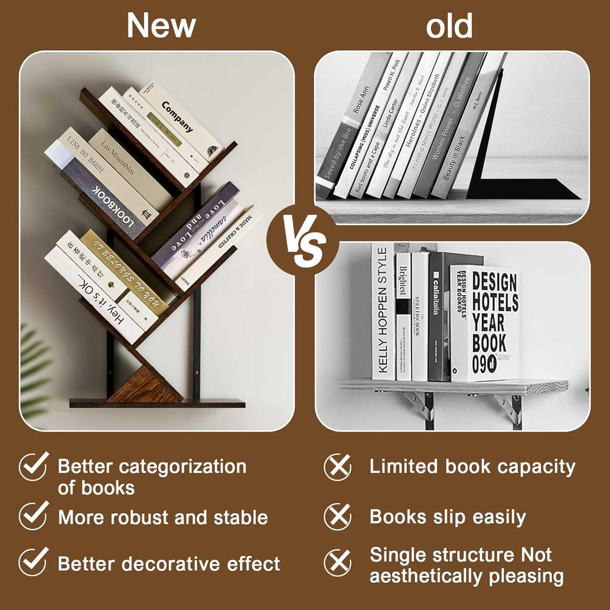 5 Tier Tree Bookshelf Floating Book Shelves for Wall Mount, Wooden Hanging Shelves Storage for Displaying Books/CDs/Magazine, Unique Wall Bookcase Organizer Shelves for Home, Office, Living Room