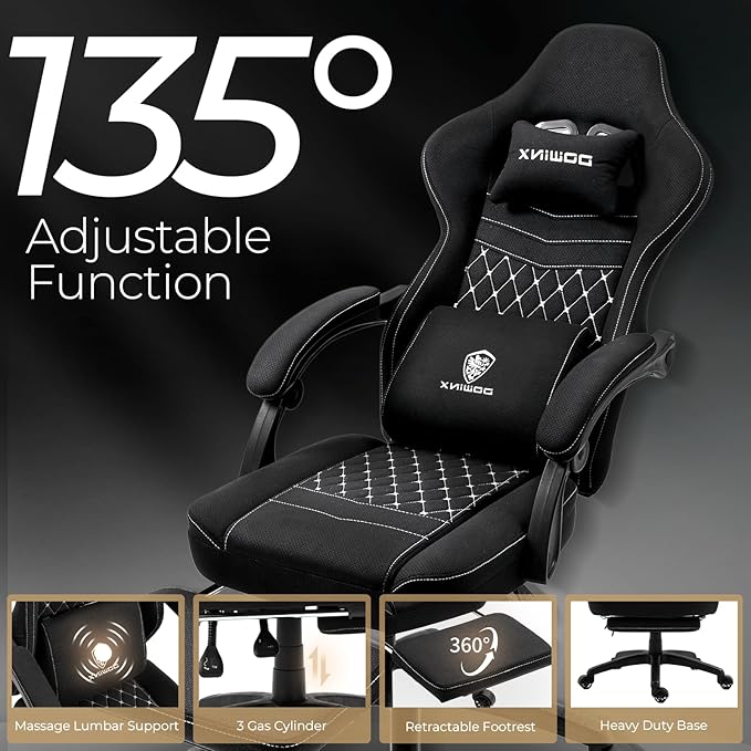 Dowinx Gaming Chair Breathable Fabric with Gel Pad, Ergonomic Game Chair with Pocket Spring Cushion, Comfortable Office Chair with Footrest and Storage Bag for Adults, Black