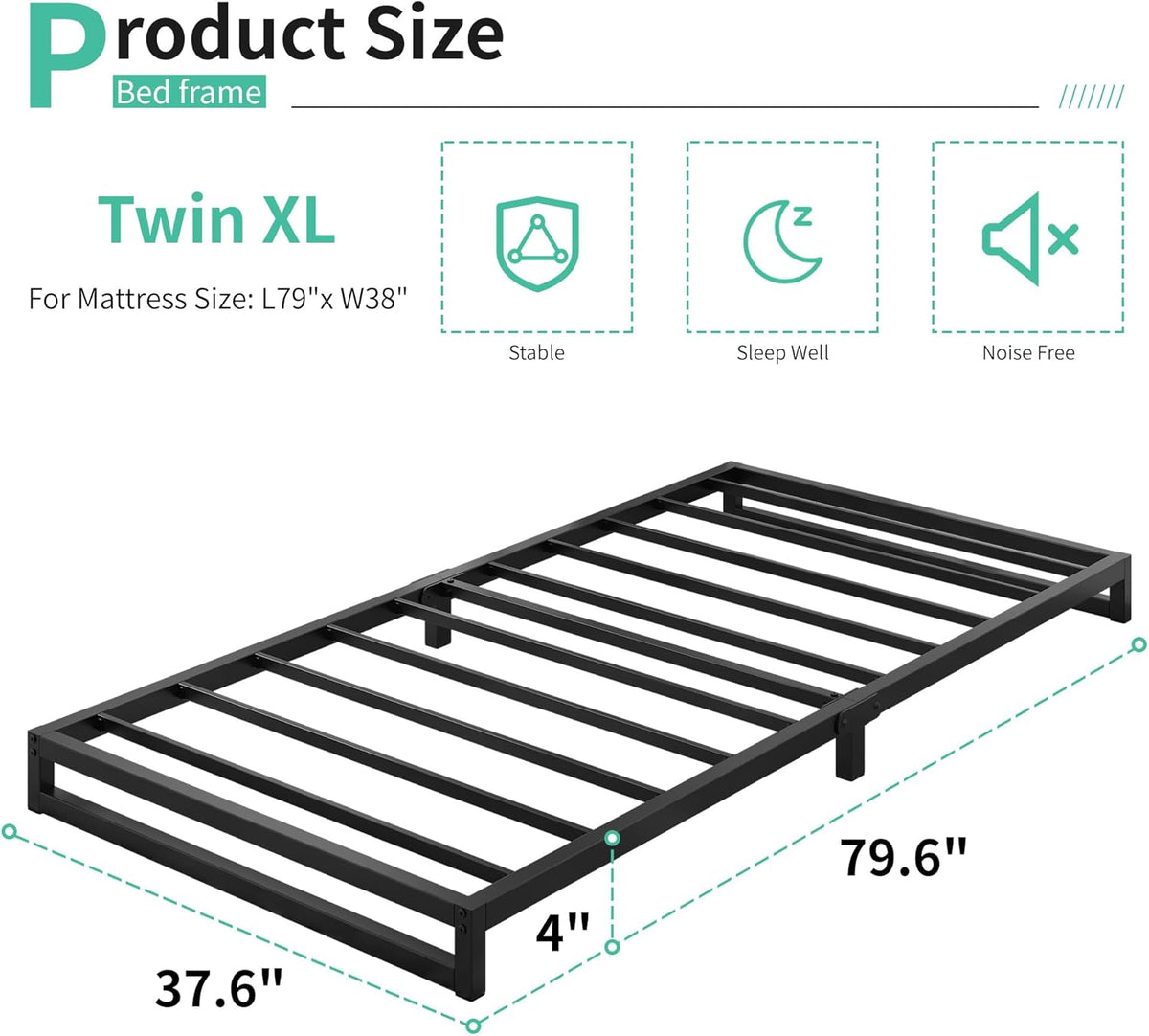 4 Inch Twin XL Bed Frames Heavy Duty Sturdy Metal Platform Bed Frame No Box Spring Needed, Noise Free, Easy Assembly, Black