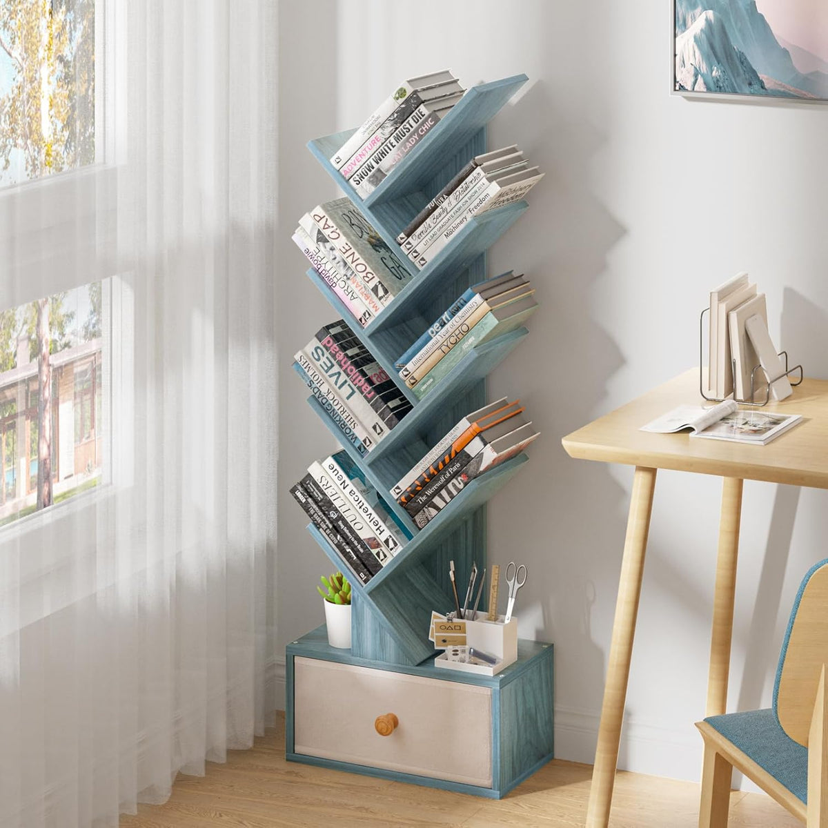 8 Tier Tree Bookshelf with Drawer, Free Standing Wood Bookcase for Narrow Space, Storage Organizer Bookshelves for Books, Book Case for Home Office, Living Room, Bedroom, Navy Blue