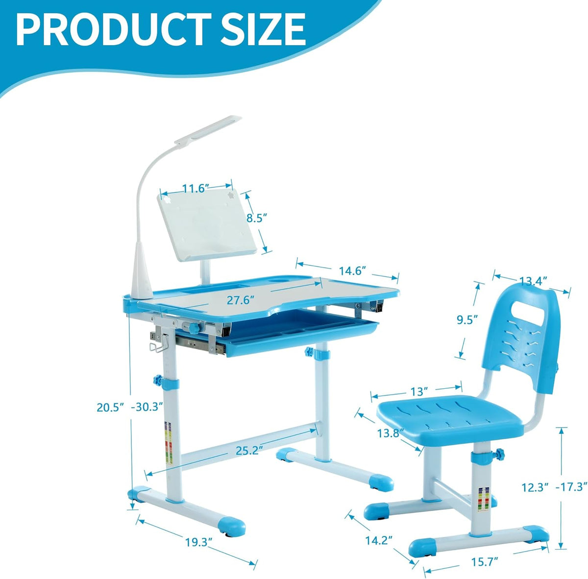 Diroan Kids Functional Desk and Chair Set, Ergonomic Height Adjustable Children School Study Desk with Tilt Desktop, Book Stand, LED Light, Metal Hook and Storage Drawer for Boys Girls(Blue)