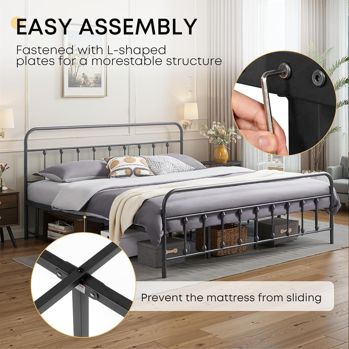 Twin Bed Frame-Classic Metal Platform Bed Frame Mattress Foundation with Victorian Style Iron-Art Headboard/Footboard/Storage Space/No Box Spring Needed/Black