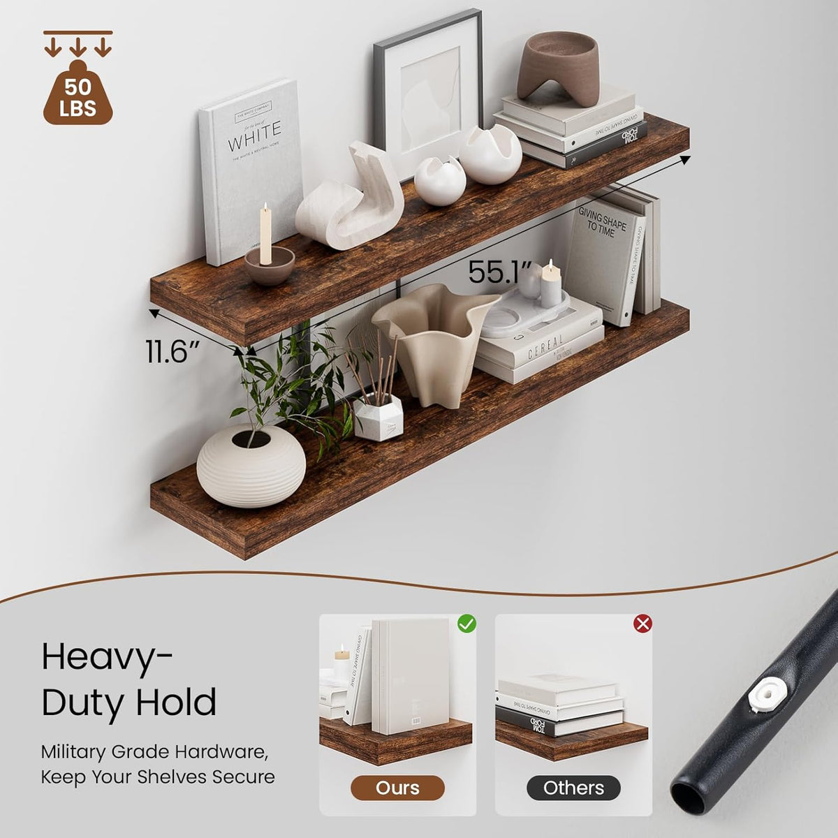 Heimlove 12 Inch Deep Floating Shelves, 55 x 12 inch Extra Long Floating Shelves for Wall, Large Display Shelf & Storage Shelf for Living Room Bedroom Kitchen Home Office, Set of 2, Rustic Brown