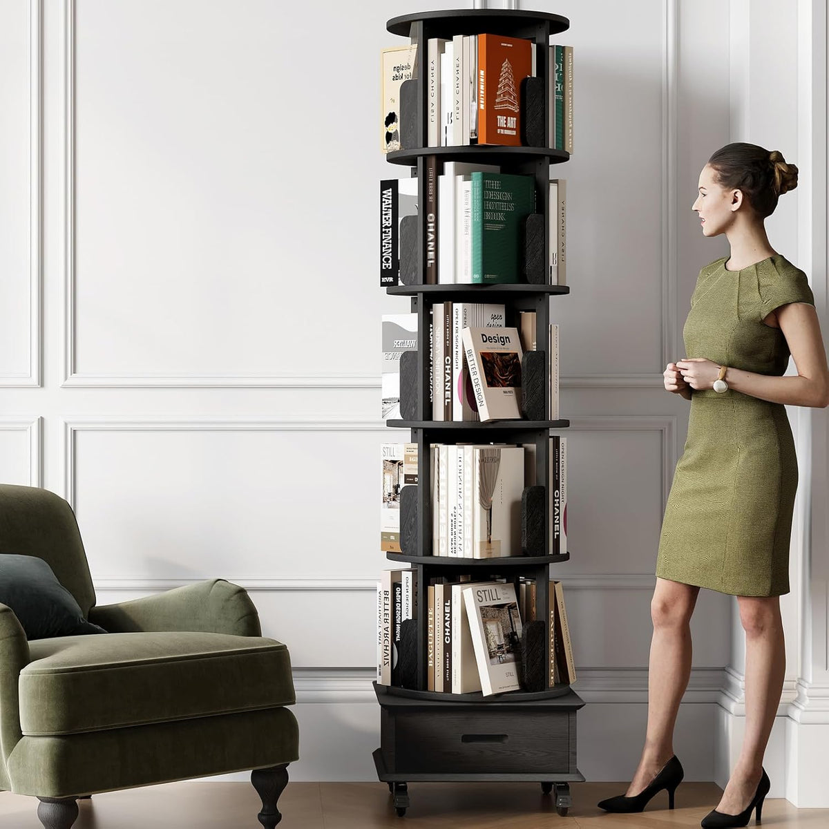 Solid Wood Rotating Bookshelf Tower on Wheels, 5-Tier Spinning Bookcase with Drawer, 72" Floor Standing Revolving Bookshelf, Rotating Bookcase for Small Space, Black