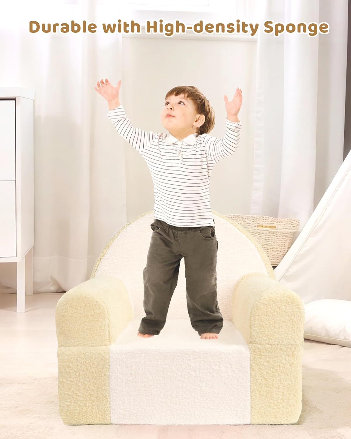 Toddler Chair, Comfy Foam Kids Couch with Soft Velvet Cover, Toddler Couch for Gaming and Studying, Kids Sofa That Fits Nicely with Any Modern Decor, Beige