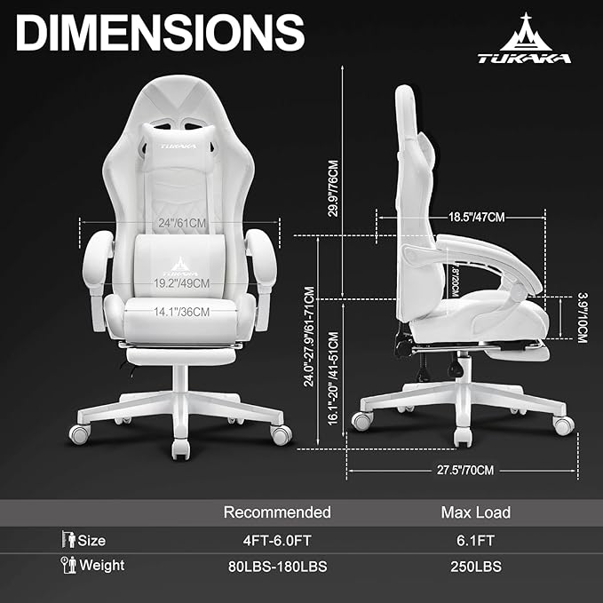 White Gaming Chair,Ergonomic Massage Computer Office Desk Chair with Footrest,Pocket Spring Cushion,Reclining Leather Adjustable Gamer Chair with Headrest and Lumbar Support,White