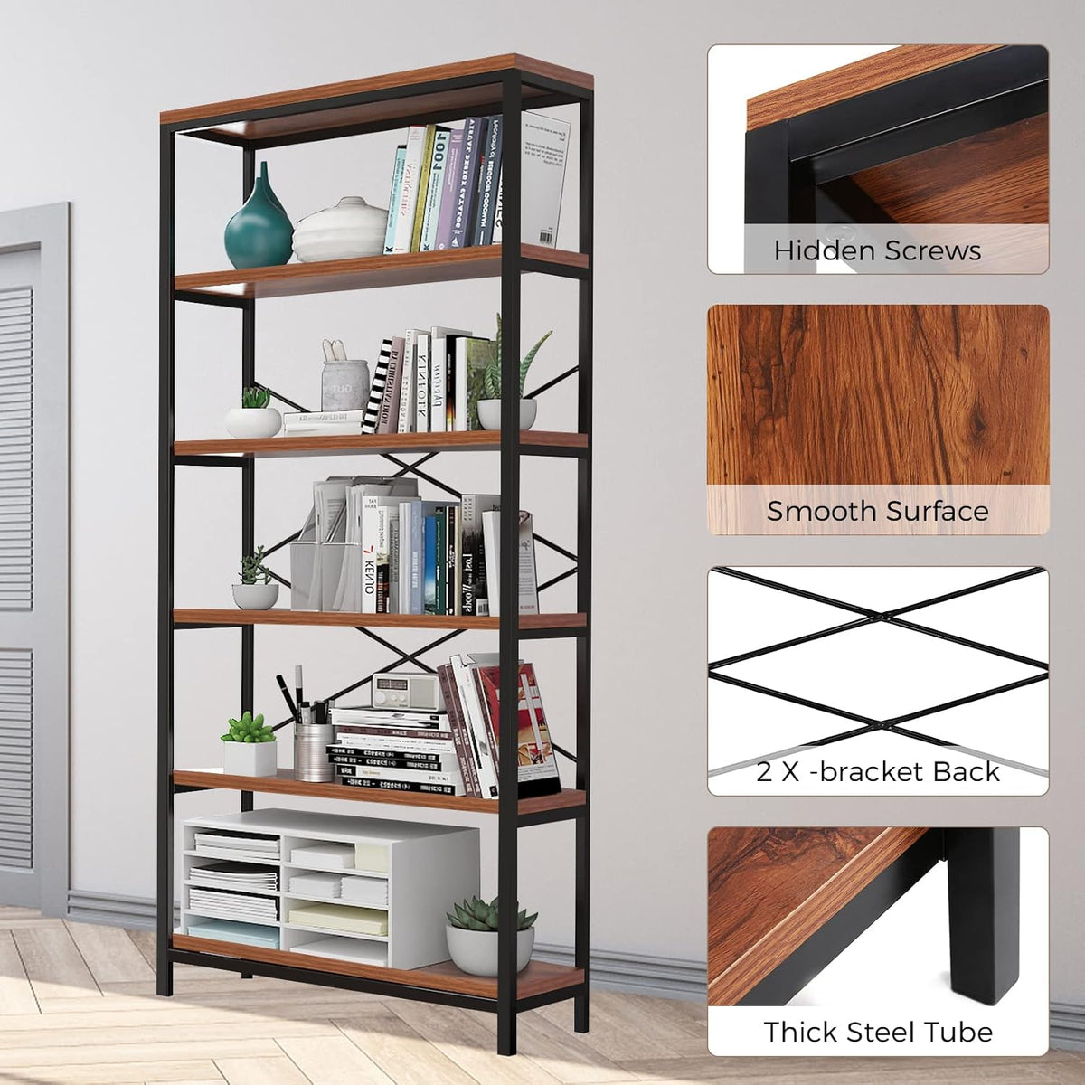 Himimi 6 Tier Industrial Bookshelf, Vintage Standing Storage Shelf, Display Shelving Units, Tall Bookcase, Industrial Metal Book Shelves for Living Room Bedroom and Home Office