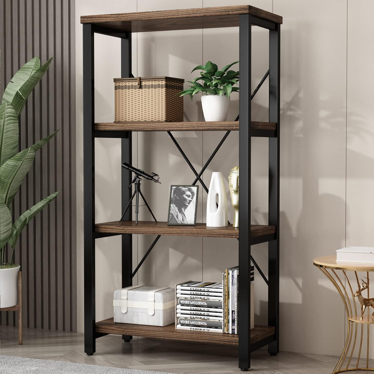 4 Tier Bookshelf, Solid Wood Bookcase Shelf Storage Organizer, Vintage Storage Rack with Open Shelves Rustic Standing Bookshelves for Living Room,Bedroom Rustic Brown(AY01-4tier)