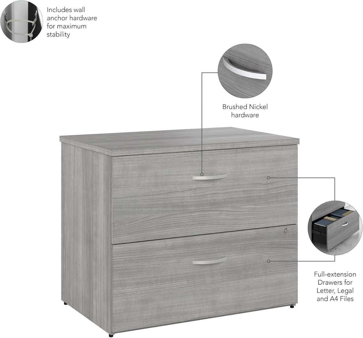Bush Business Furniture Studio C 2 Drawer Lateral File Cabinet in Platinum Gray - Assembled, Locking Document Storage for Home or Professional Office