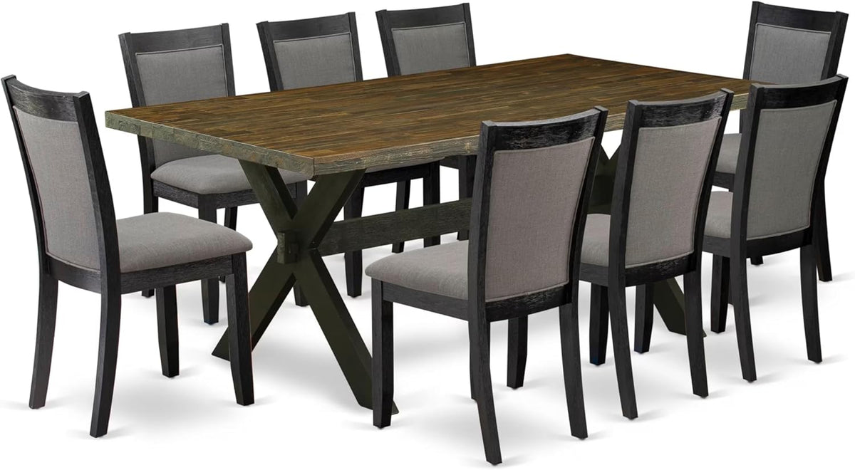 East West Furniture X677MZ650-9 9 Piece Dining Set Includes a Rectangle Dining Room Table with X-Legs and 8 Dark Gotham Grey Linen Fabric Upholstered Chairs, 40x72 Inch, Multi-Color