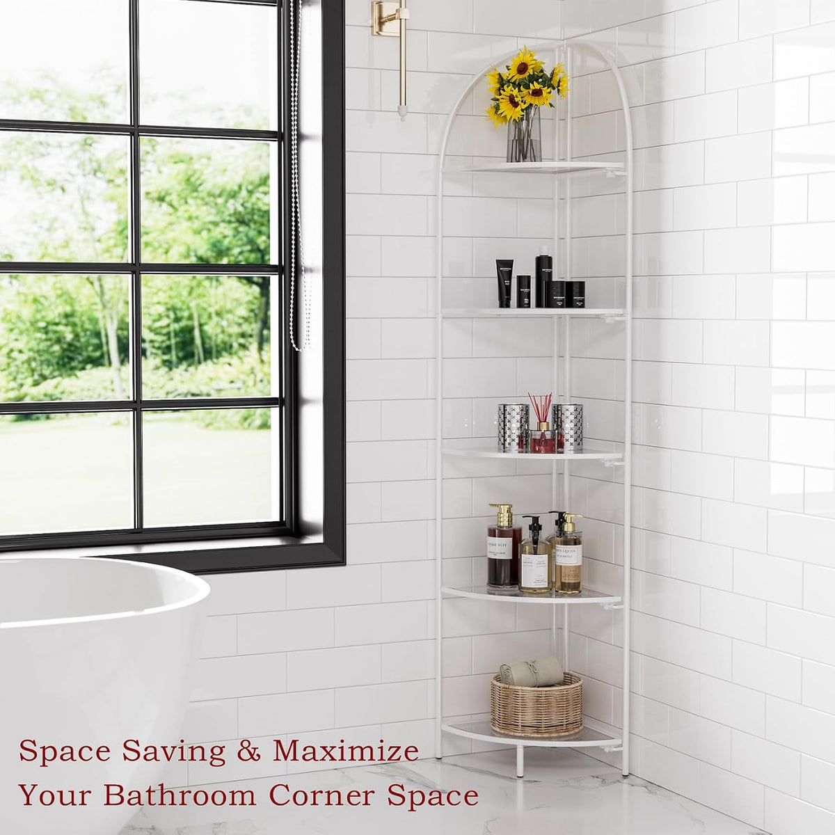 Crofy Foldable 5 Tier Corner Shelf, Metal Corner Plant Stand with White Frame and Transparent Shelves, Corner Display Rack Multipurpose Shelving Unit for Living Room, Bedroom, Bathroom