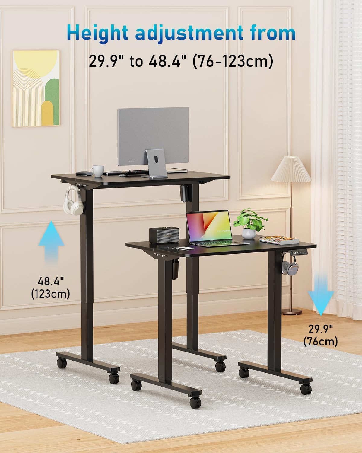 Small Height Adjustable Electric Standing Desk, 31.5" x 23.6" Sit Stand up Desk with Splice Board, Ergonomic Rising Computer Home Office Desk Table with Memory Preset, Black Frame/Black Top