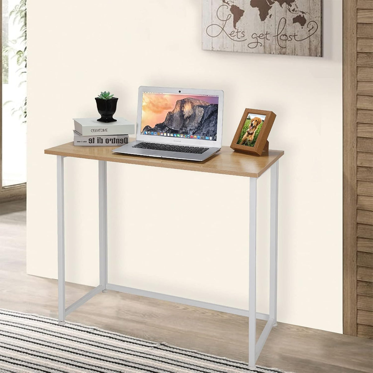 Leopard Folding Computer Desk for Small Spaces, Space-Saving Home Office Desk, Foldable Computer Table, Laptop Table, Writing Desk, Compact Study Reading Table (White/Nordic Walnut)
