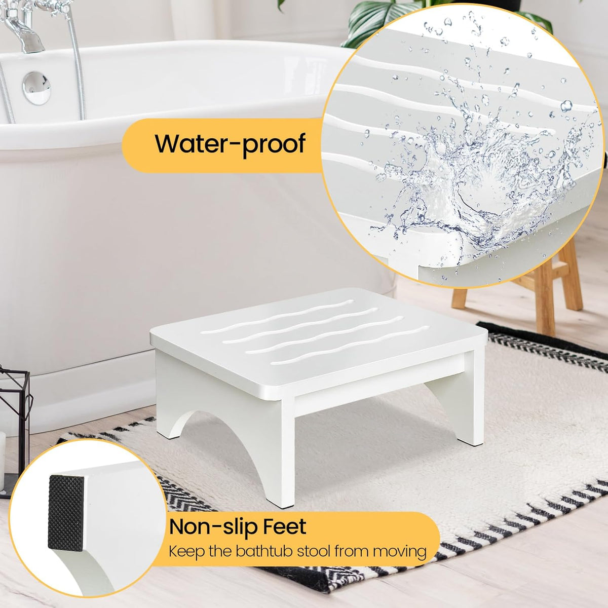Wooden Step Stool for Adults, One Step Stool with Non-Slip Rubber, 6.9”x 15.7"" Bed Step Stool for High Beds, White Safety Foot Stool for Elderly, Kid
