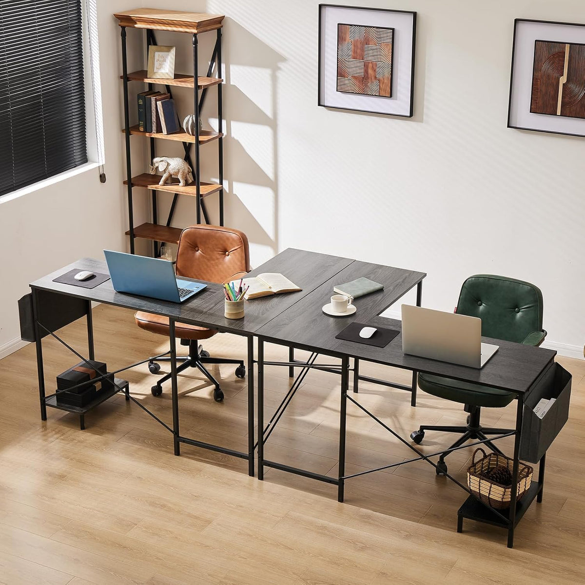 Whitmor L Shaped Gaming Desk - 50 Inch Reversible Corner Computer Desk with Wood Top, Metal Frame, CPU Stand & Side Bag, Home Office Dorm Sturdy Writing Workstation, Grey