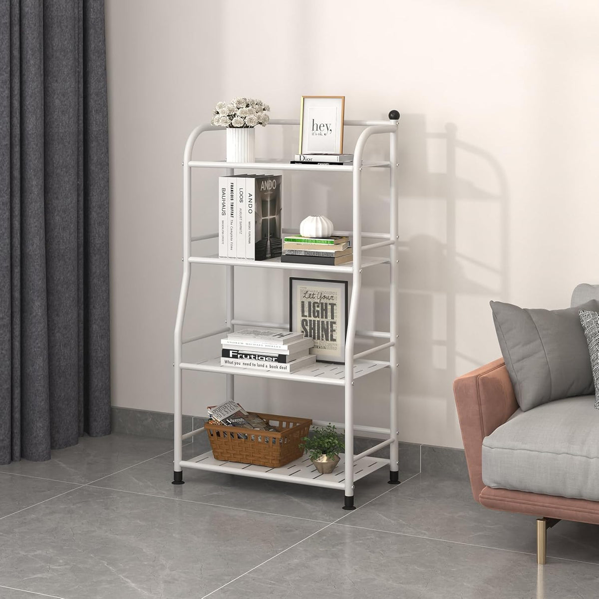 4 Tier Metal Shelf Storage Shelves Living Room Bookshelf Bathroom Corner Storage Rack for Kitchen,Indoor Plant Stand (Matte White, 4 Tier)