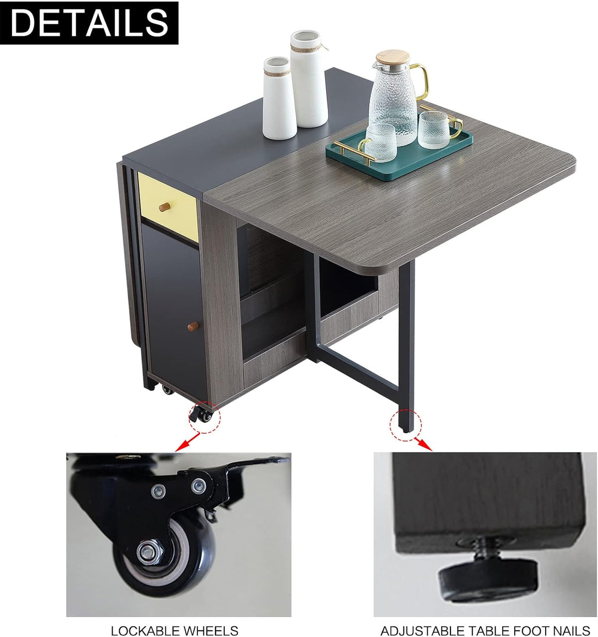 Folding Dining Table Set for 4, Foldable Kitchen Dinner Table and 2 Chairs Set, Extendable Space Saving Drop Leaf Table with Wheels and Storage