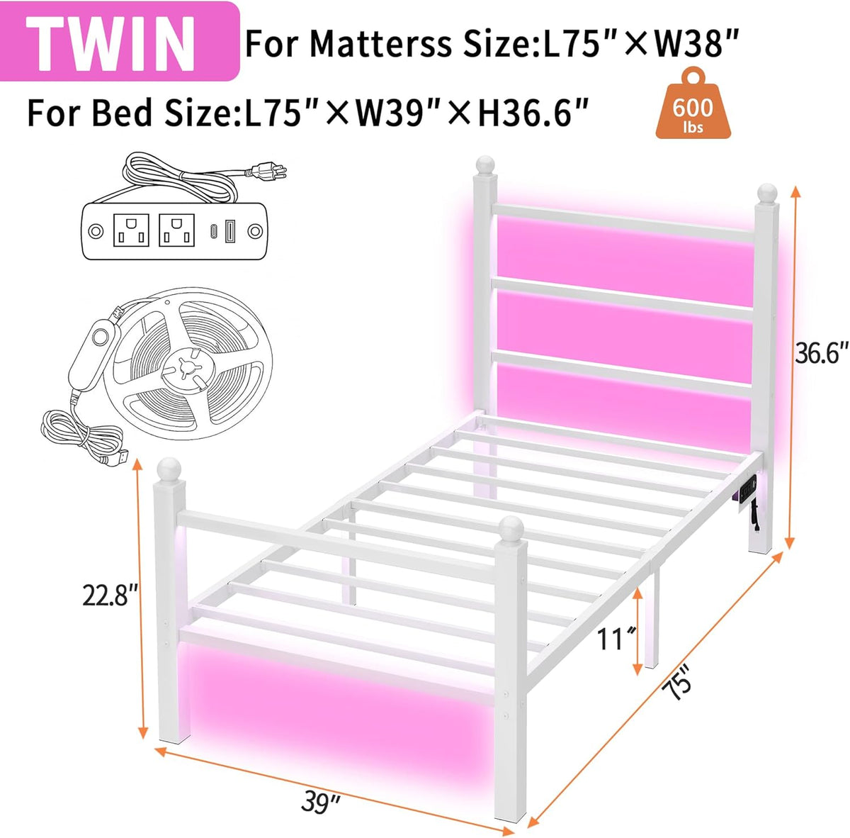Twin Bed Frame with Headboard and Footboard,Steel Slats Support-LED Bed Frame with USB Charging Station,Mattress Foundation-Under Bed Storage,No Box Spring Needed,Noise Free,White